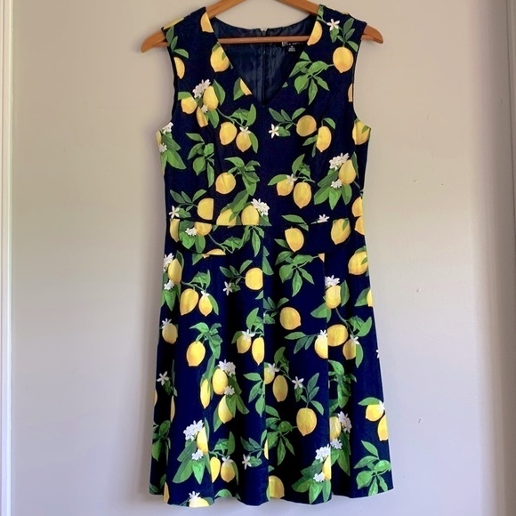 CHETTA B navy lemon citrus floral fit and flare a-line summer dress - Picture 3 of 7